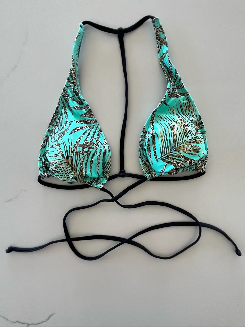 L*Space Teal Palms & Pool Leopard Print Strappy Triangle Bikini Top Size XS